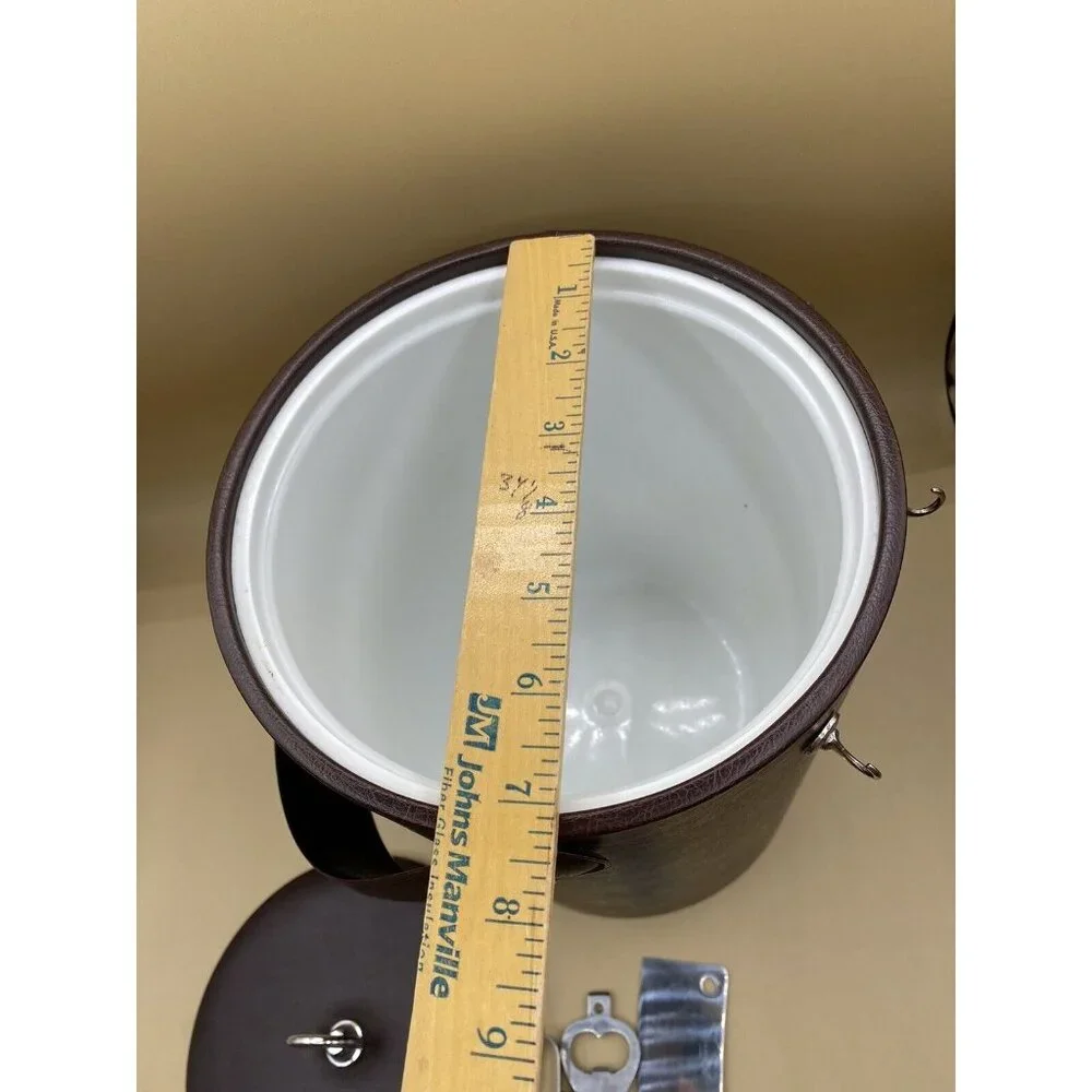 Vintage MCM Ice Bucket Brown Leather Vinyl With Handle And Bar Tools Mid Century
